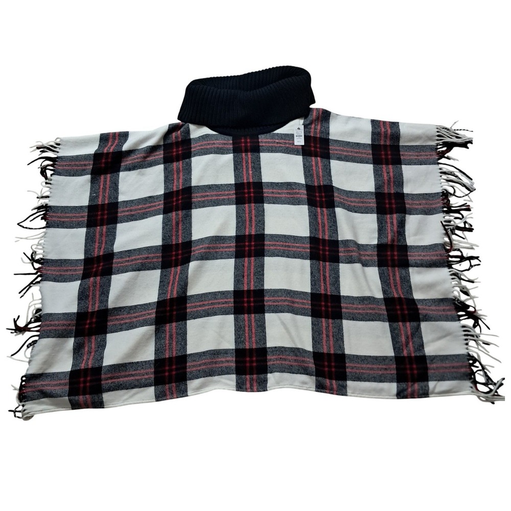 NWT Talbots Cowlneck Plaid Poncho Cape Women's M/L Cream‎ Wool Blend Fringe